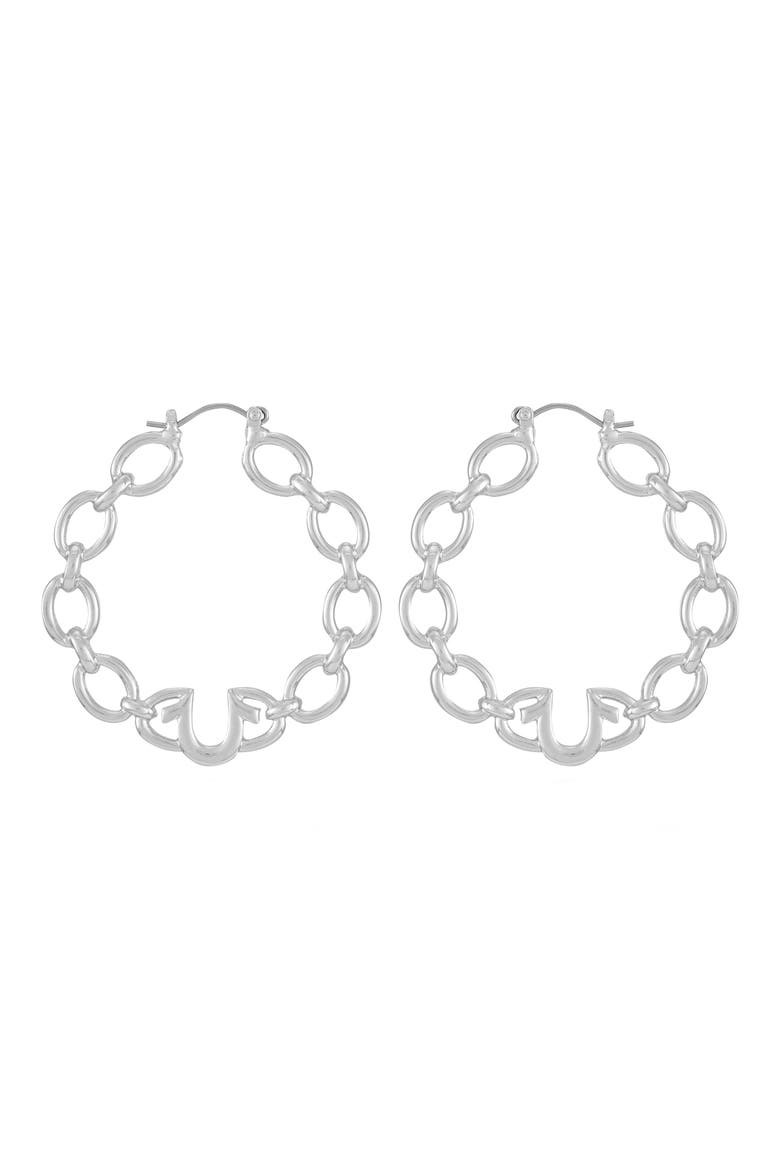 Horseshoe Logo Chain Hoop Earrings, Main, color, SILVERTONE