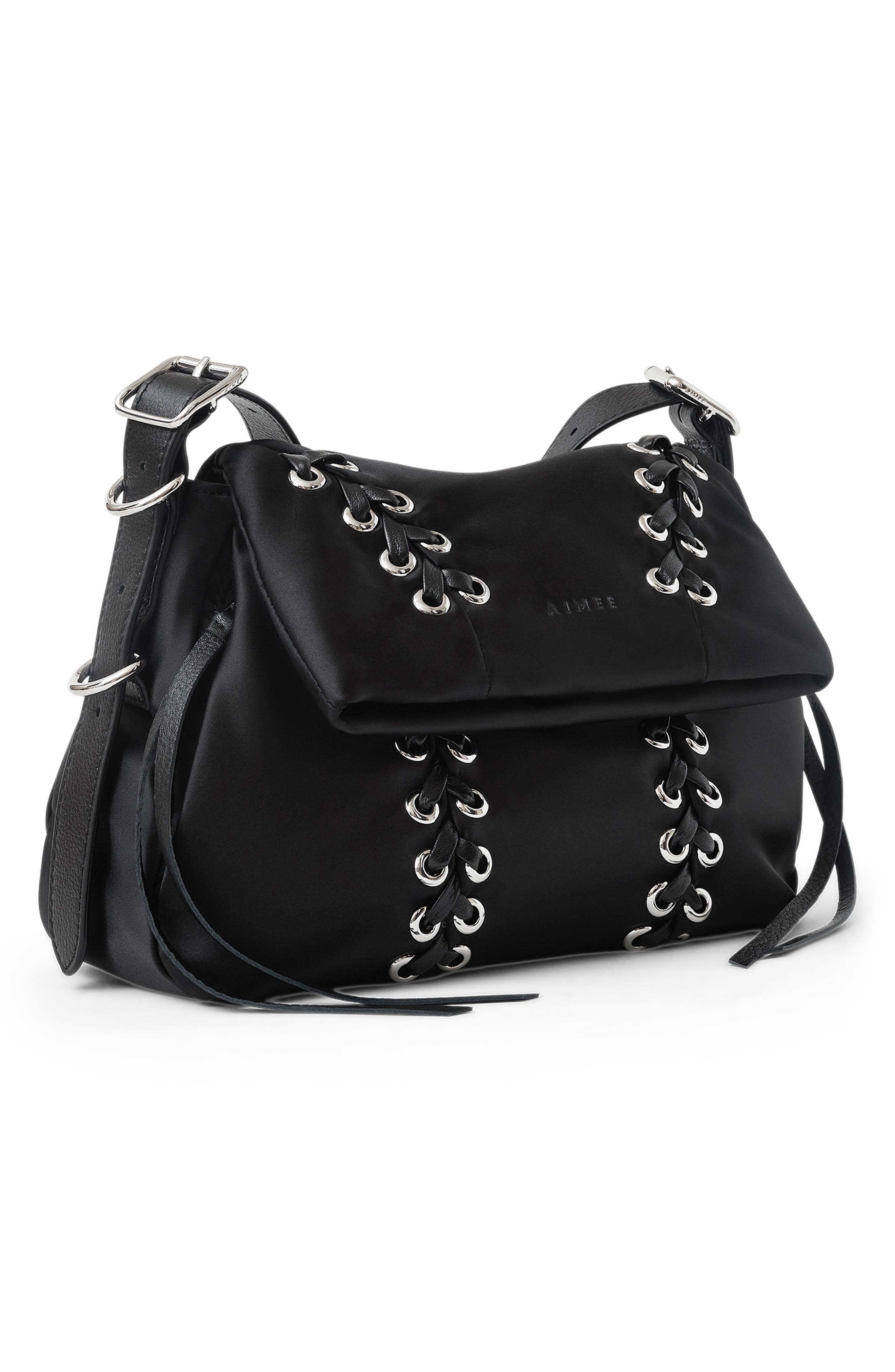 Lace-Up Double Entry Crossbody, Alternate, color, BLACK SATIN NYLON