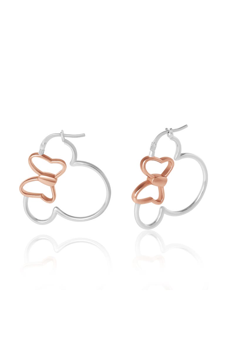 Disney Minnie Mouse Hoop Earrings for Women Official License, Sterling Silver Minnie Earrings with 18k Pink Gold Flash-Plated Bow, Main, color, Silver/ Rose Gold