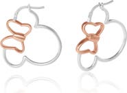 Disney Minnie Mouse Hoop Earrings for Women Official License, Sterling Silver Minnie Earrings with 18k Pink Gold Flash-Plated Bow