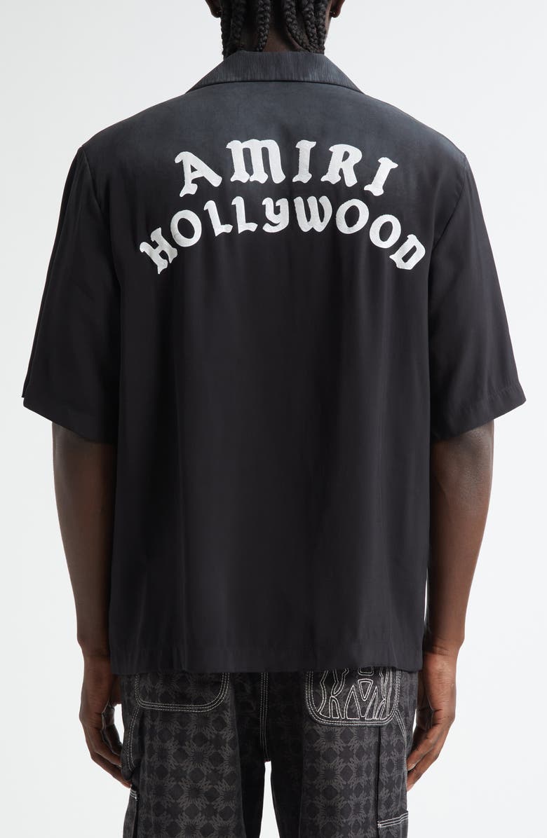 AMIRI Hollywood Appliqué Bowling Shirt, Alternate, color, Black