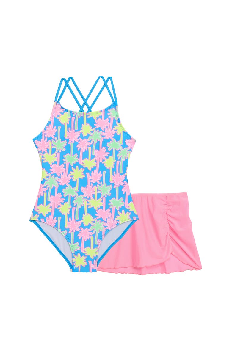 Girls X-Back One Piece Swimsuit with Mesh Sarong Coverup Skirt 2-Piece Set, Main, color, I Dream of Palm Trees