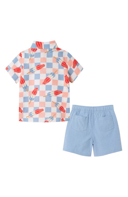 Andy & Evan Kids' Frozen Treats Print Short Sleeve Cotton Button-up Shirt & Drawstring Shorts Set In Chambray