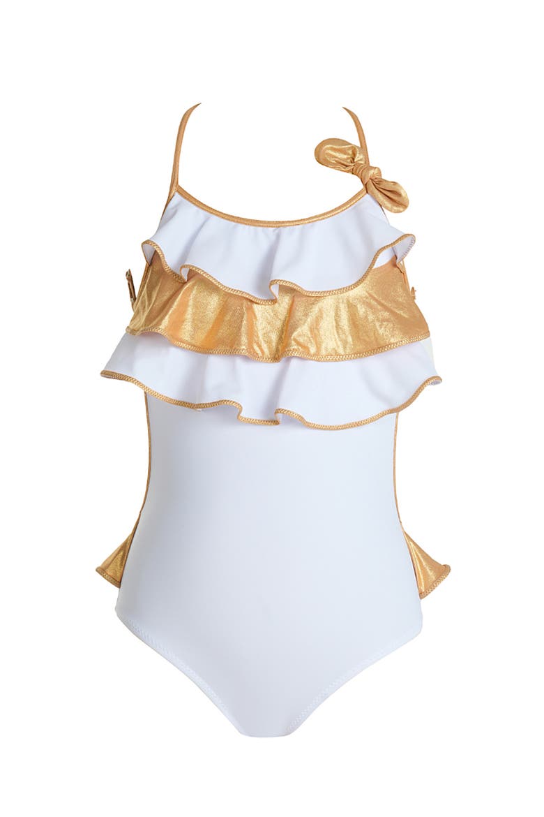 Triple Ruffled, with Bow Detail One-Piece Swimsuit, Main, color, White
