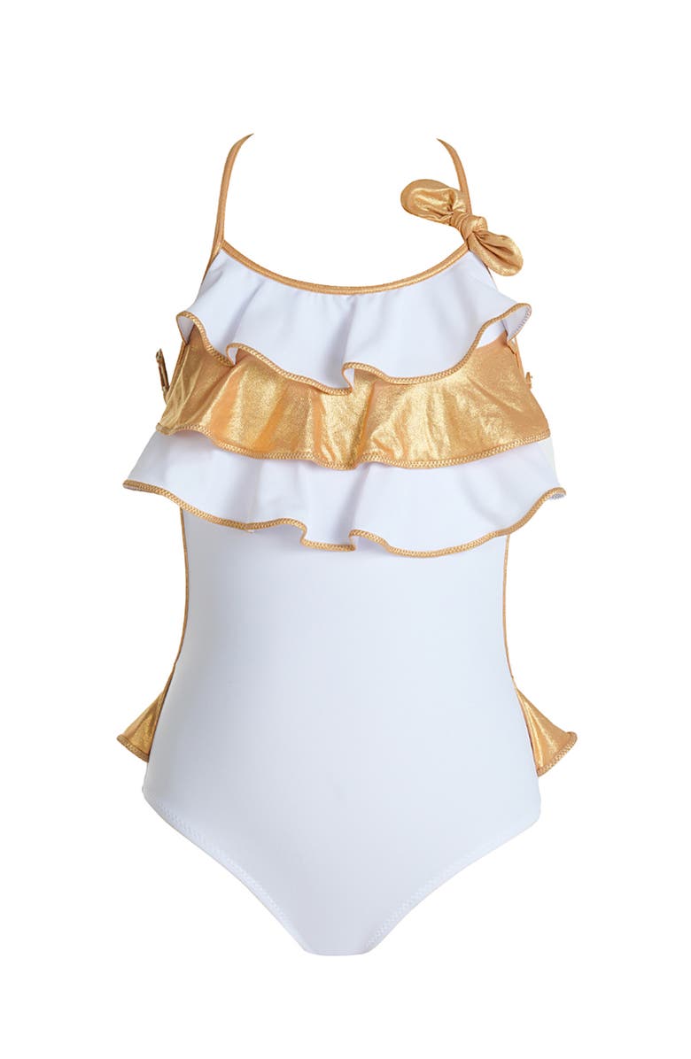 NESSI BYRD Triple Ruffled, with Bow Detail One-Piece Swimsuit, Main, color, White
