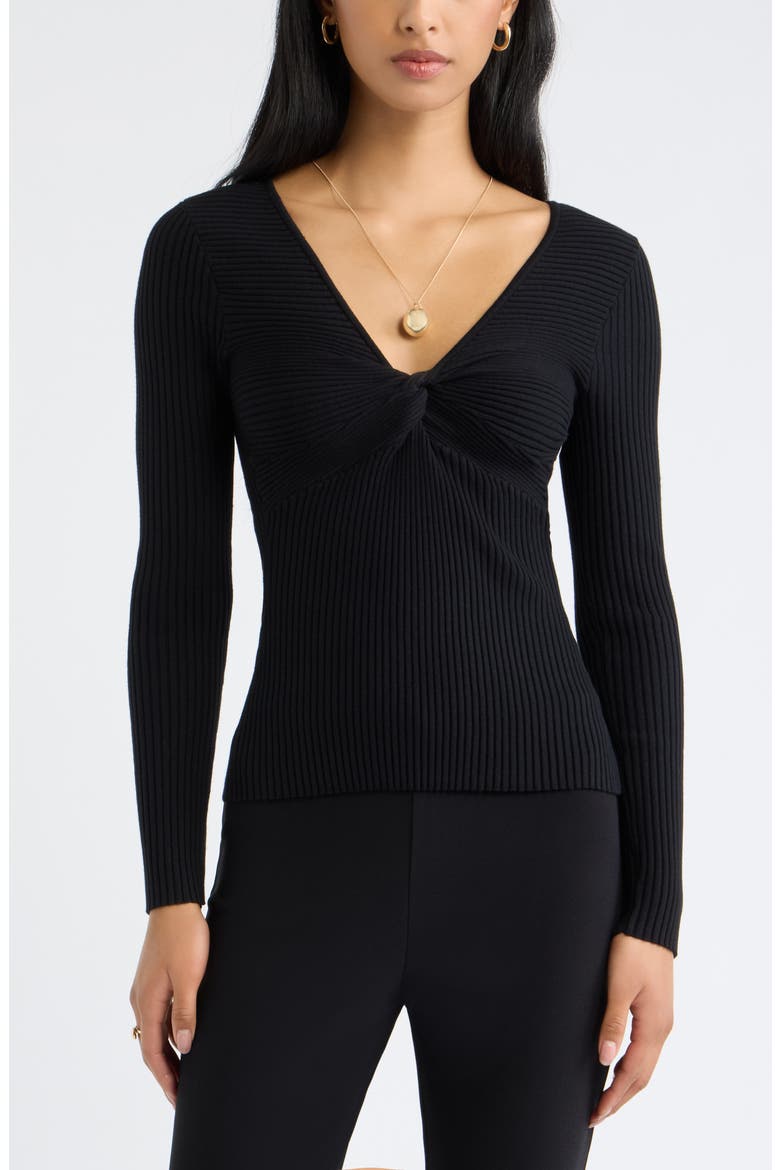 Knot Front Ribbed V-Neck Sweater, Main, color, BLACK