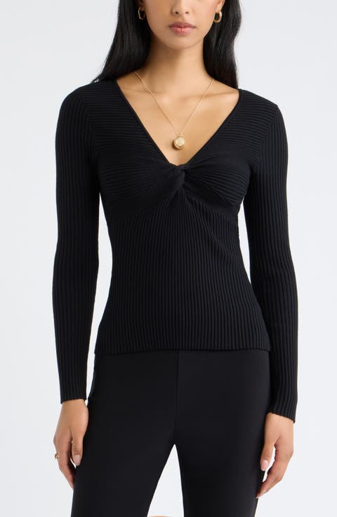 Knot Front Ribbed V-Neck Sweater