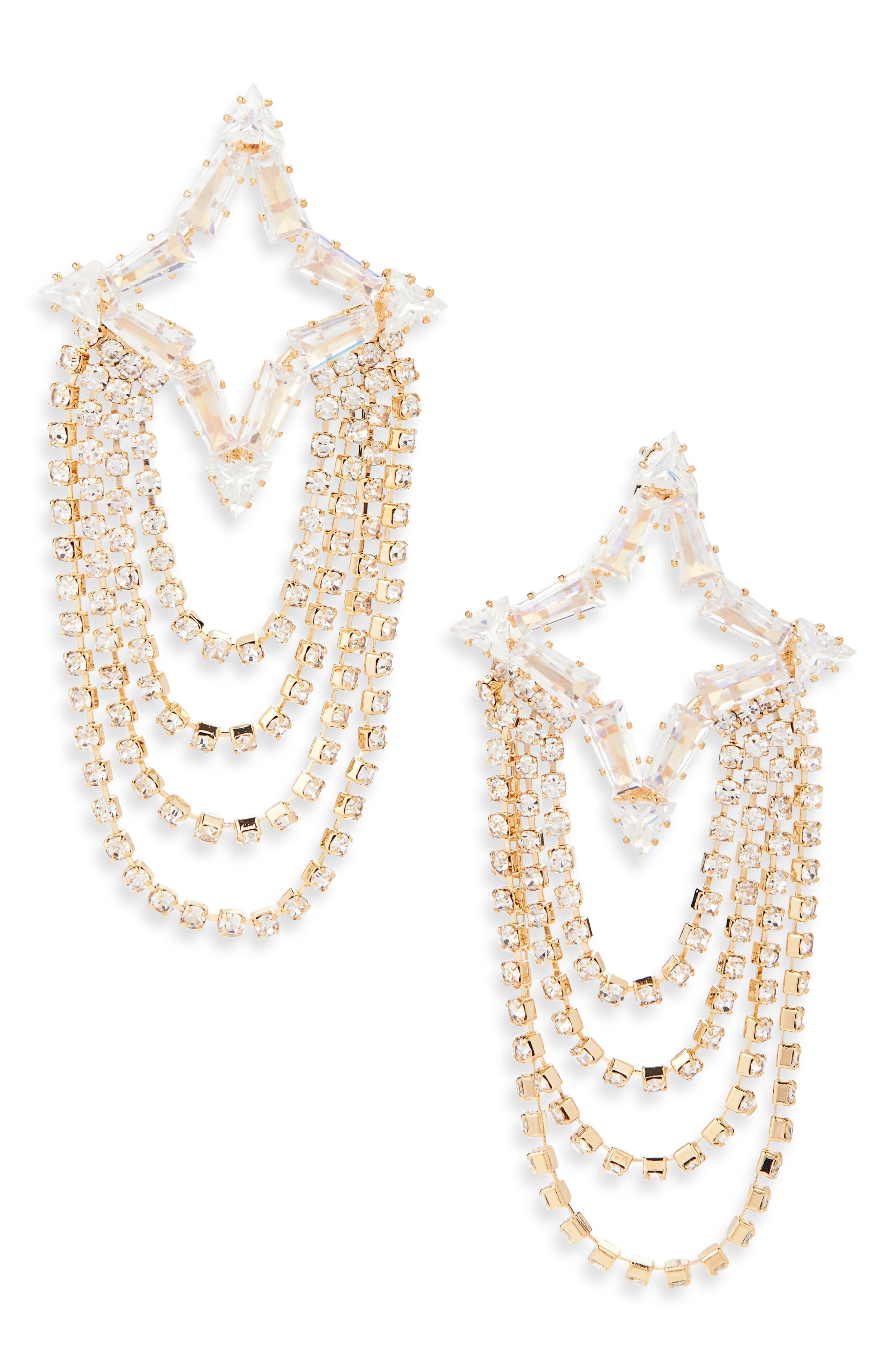 Crystal Star Draped Chain Drop Earrings