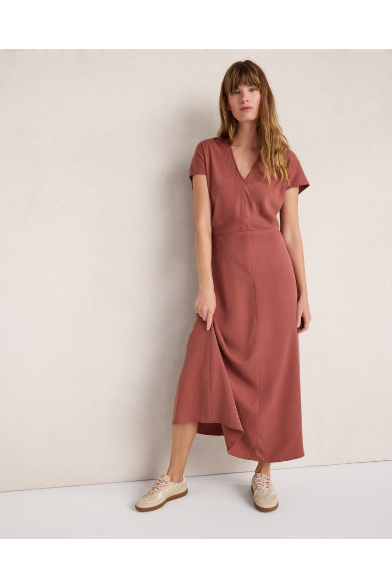 Drapey Twill V-Neck Midi Dress, Main, color, Red Clay