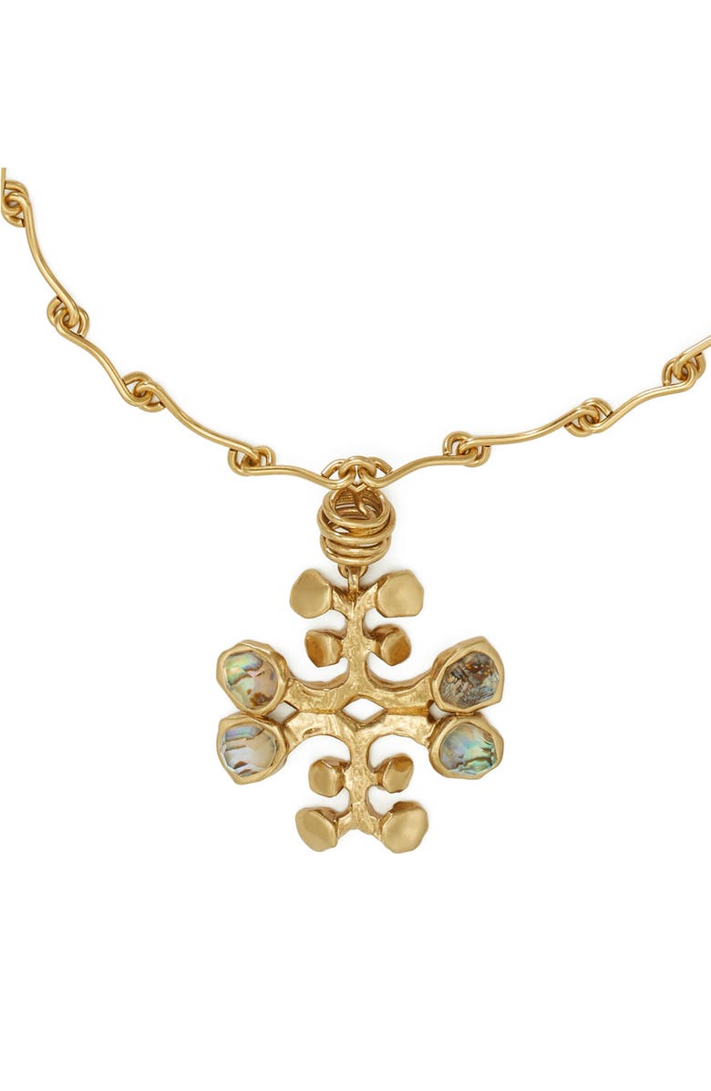 Tory Burch Logo Pendant Necklace, Alternate, color, Antique Light Brass / Abalone