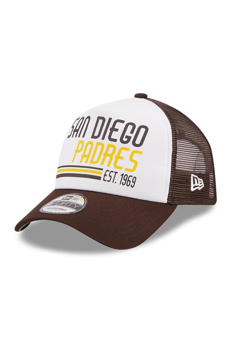 Men's New Era White/Brown San Diego Padres Stacked A-Frame Trucker 9FORTY Adjustable Hat, Main, color, White