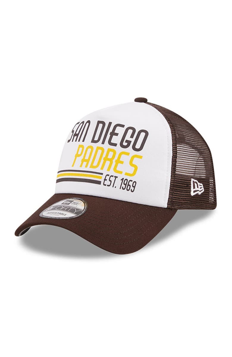 New Era Men's New Era White/Brown San Diego Padres Stacked A-Frame Trucker 9FORTY Adjustable Hat, Main, color, White