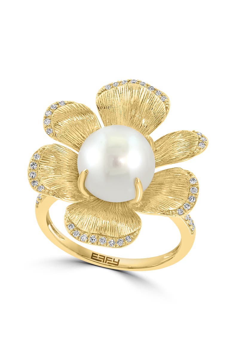 14K Yellow Gold Diamond Fresh Water Pearl Large Flower Ring, Main, color, 14K Gold