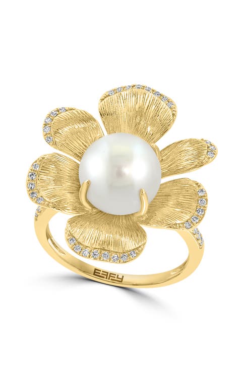 14K Yellow Gold Diamond Fresh Water Pearl Large Flower Ring