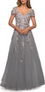 La Femme Short Sleeve A-line Gown with Beaded Lace Appliques