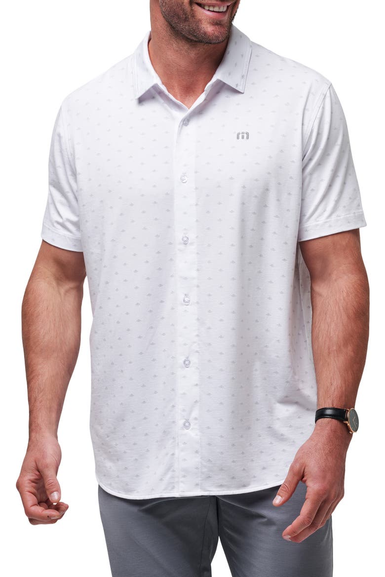 Set a Course Geo Print Knit Short Sleeve Button-Up Shirt, Main, color, WHITE