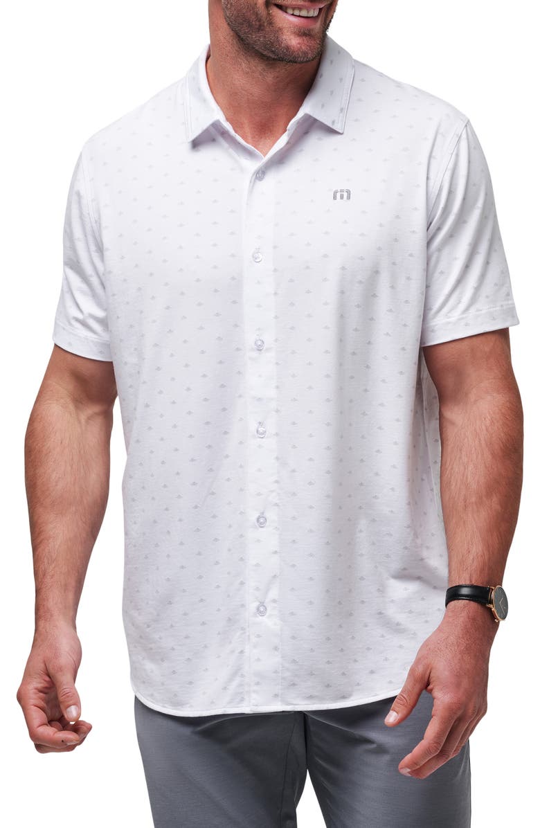 TravisMathew Set a Course Geo Print Knit Short Sleeve Button-Up Shirt, Main, color, 