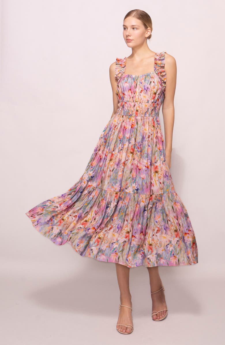MELLODAY Floral Ruched Tiered Dress, Alternate, color, Abstract Multi