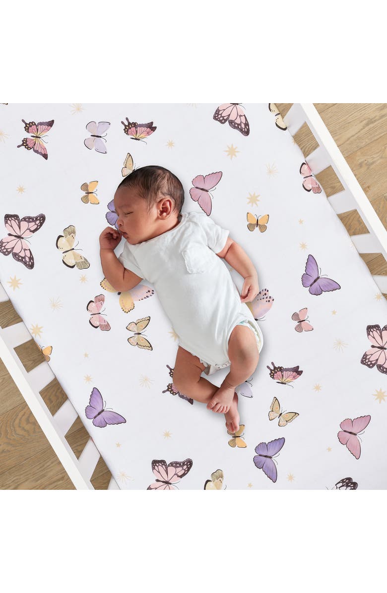 Lambs & Ivy Butterfly Dreams Breathable 100% Cotton Fitted Baby Crib Sheet, Alternate, color, White Multi