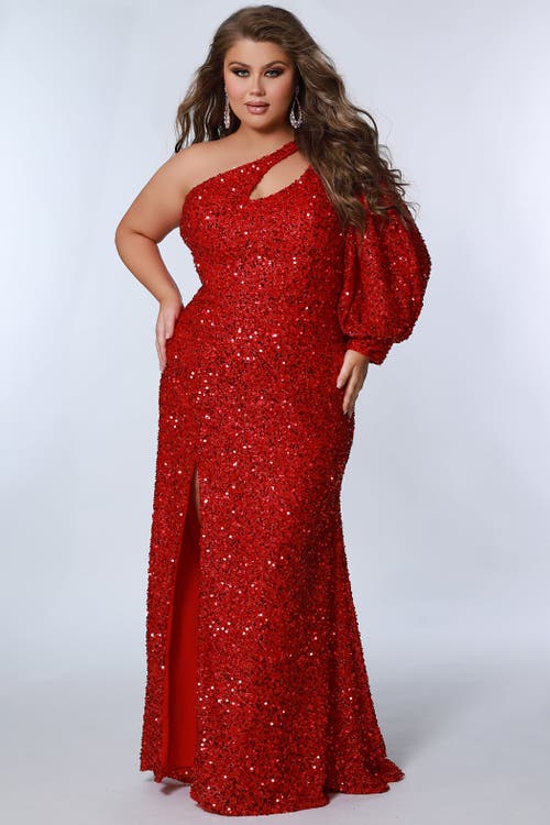 Sydney's Closet One-shoulder Pouf Sleeve Sequin Plus Size Evening Gown In Ruby