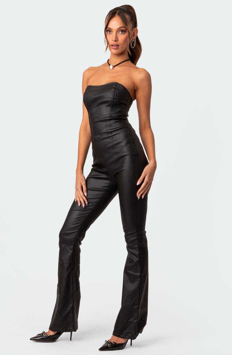 EDIKTED Luna Strapless Flared Faux Leather Jumpsuit, Alternate, color, 