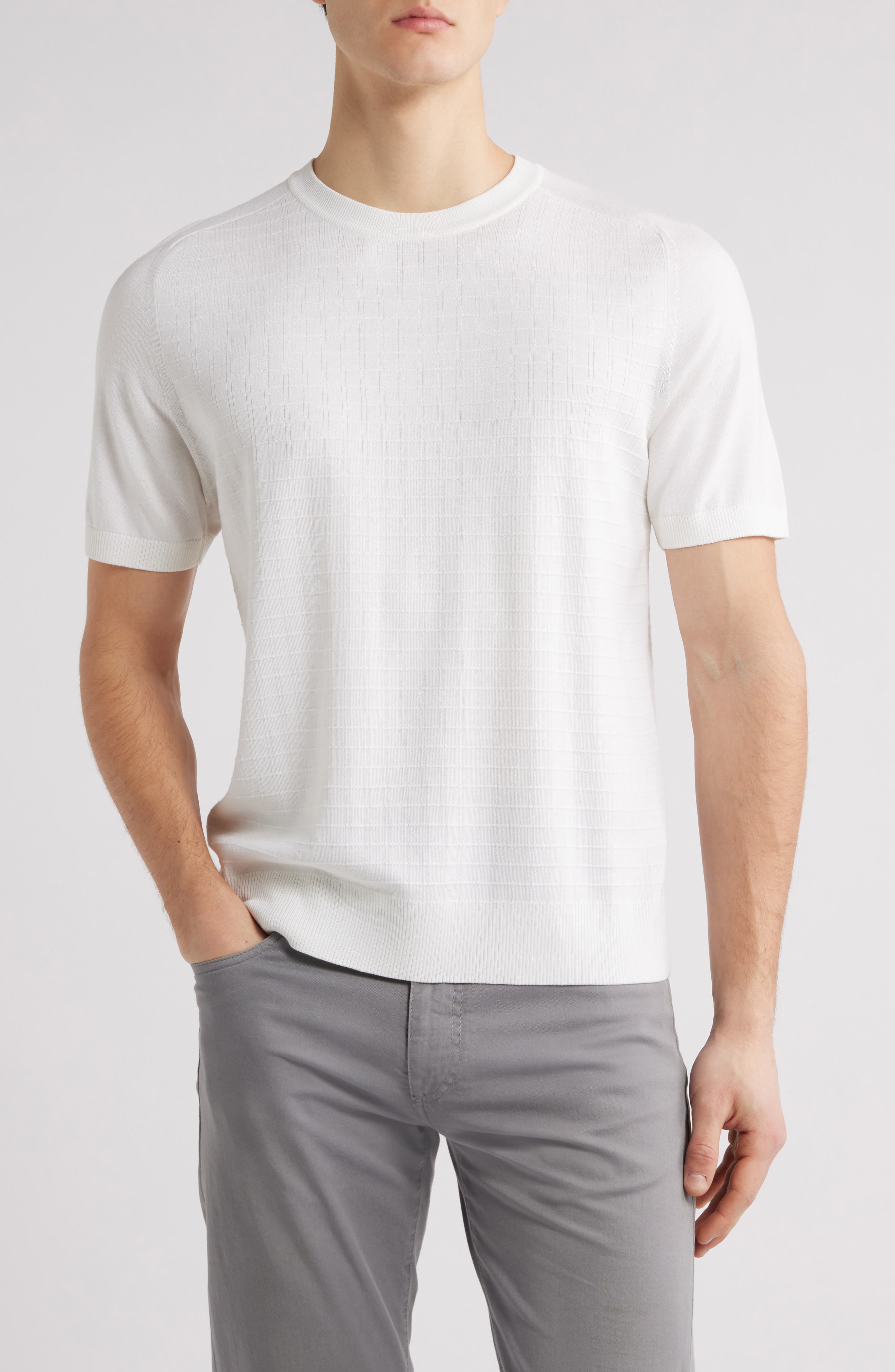 Canali Short Sleeve Check Jacquard Silk & Cotton Crewneck Sweater
