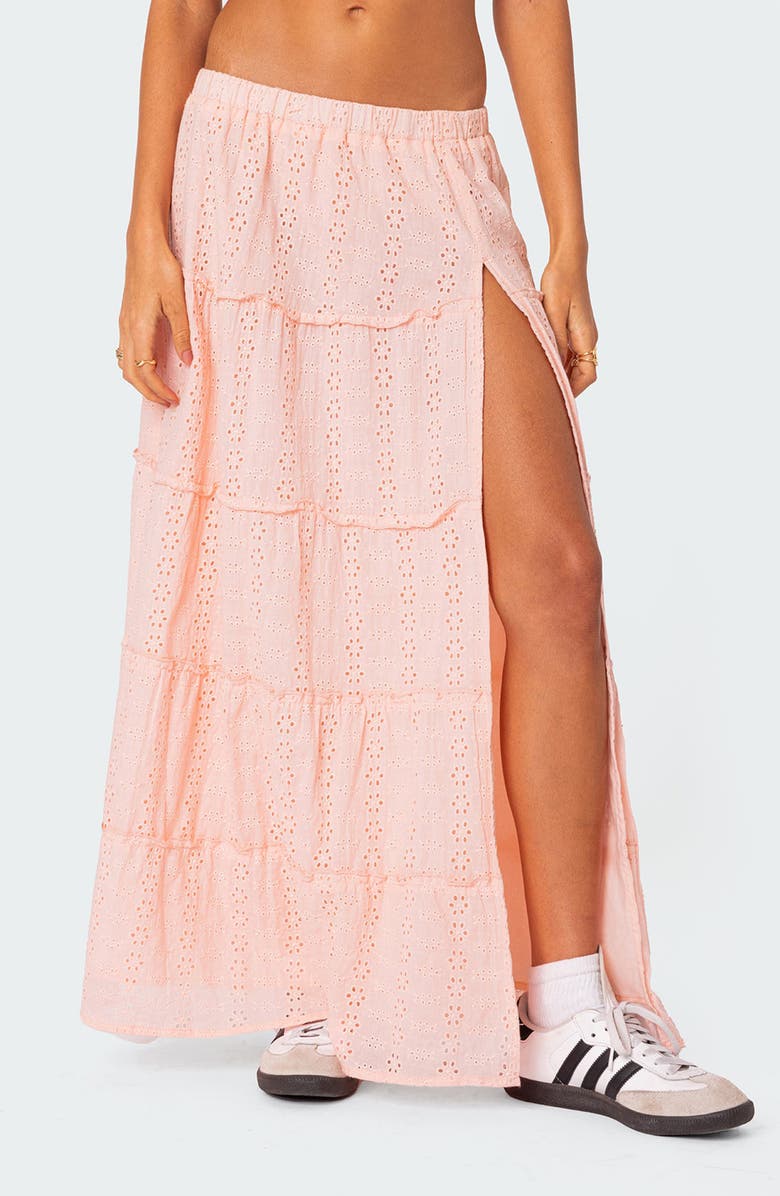 EDIKTED Tiered Cotton Eyelet Maxi Skirt, Main, color, Light-Pink