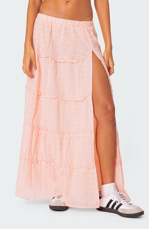 Tiered Cotton Eyelet Maxi Skirt