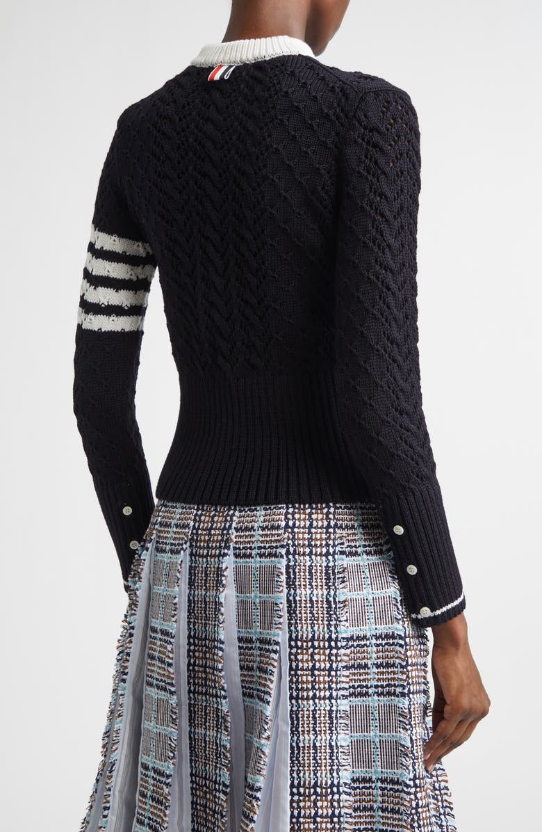 Thom Browne 4-Bar Pointelle Cable Virgin Wool Sweater, Alternate, color, Navy
