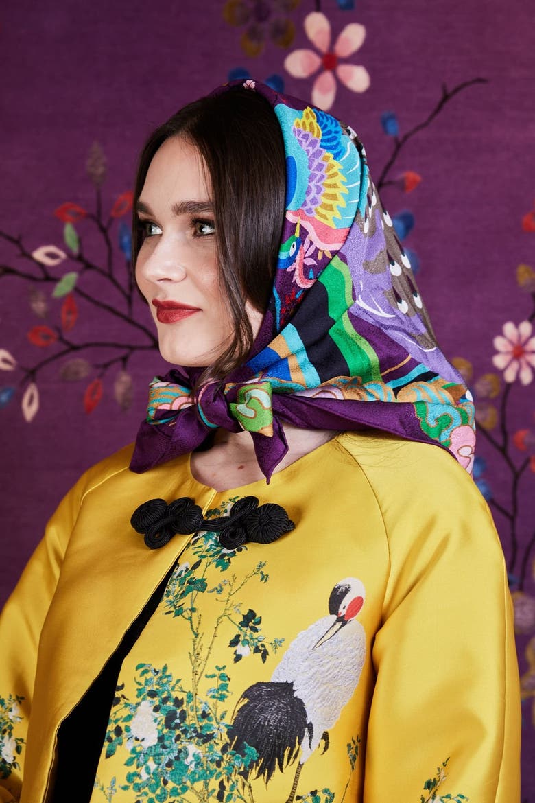 Wendy Morrison X Skylence Kujaku Peacock Silk Scarf, Alternate, color, Purple