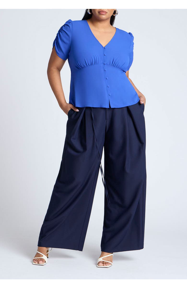 ELOQUII Shirred Sleeve Top With Buttons, Alternate, color, Dark Mykonos Blue