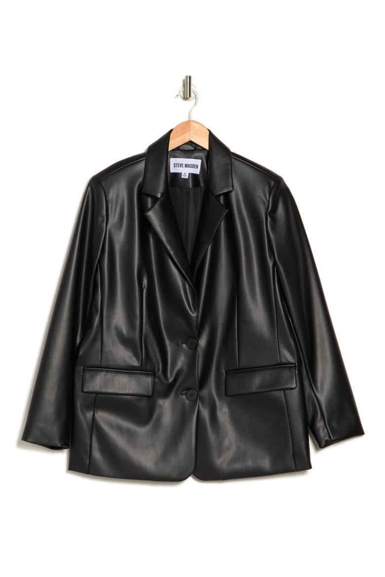 Faux Leather Boyfriend Blazer, Alternate, color, BLACK