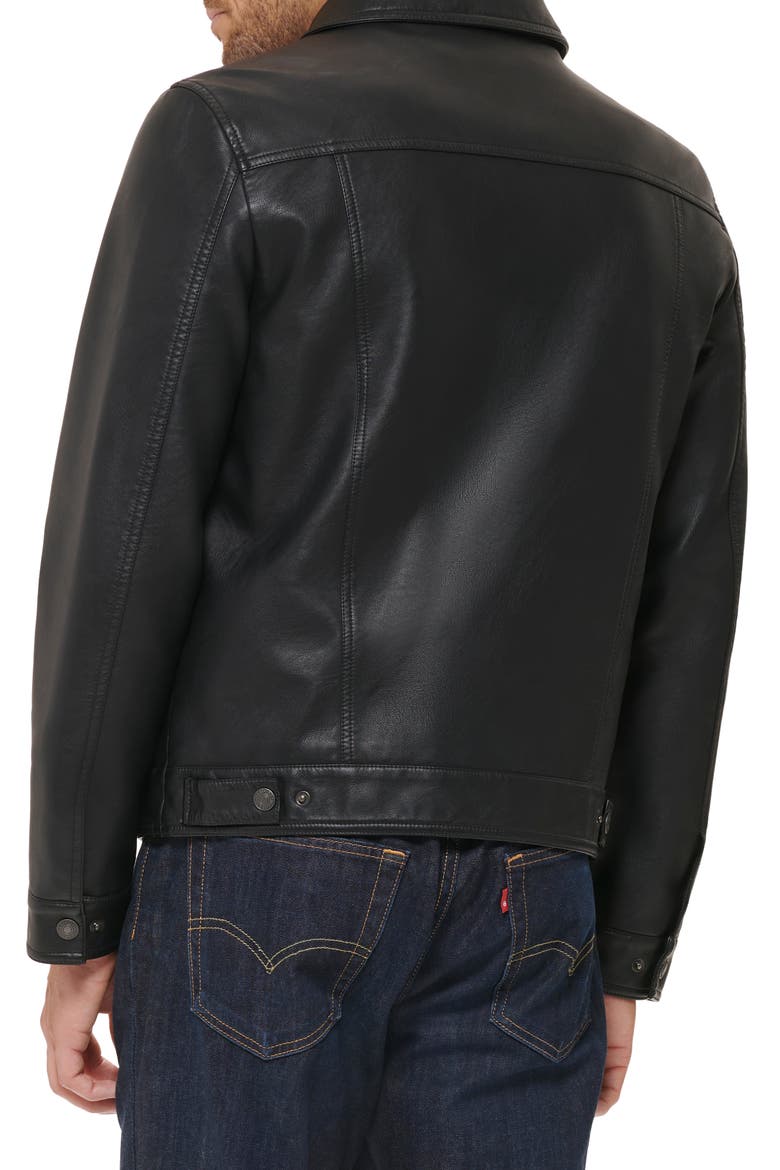 Faux Leather Trucker Jacket, Alternate, color, BLACK
