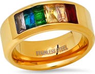 HMY JEWELRY Men's 18K Gold Plated Stainless Steel Baguette Crystal Band Ring