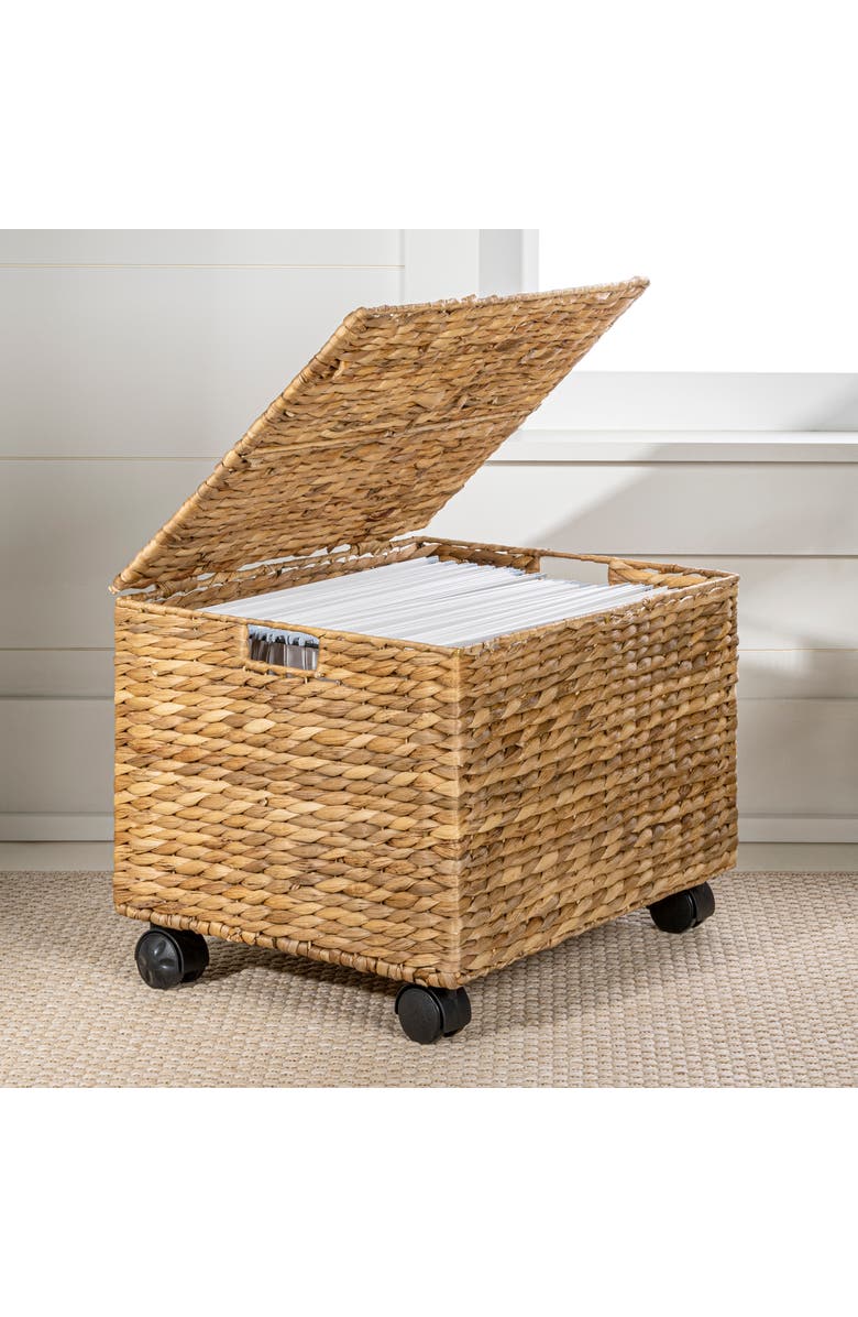 HAPPIMESS Ashton Classic Farmhouse Handwoven Hyacinth Rolling Filing Basket with Lid and 360 Degree Lockable Wheels, Main, color, Natural