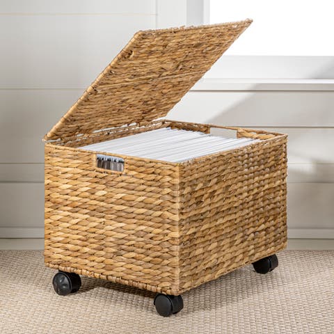 Ashton Classic Farmhouse Handwoven Hyacinth Rolling Filing Basket with Lid and 360 Degree Lockable Wheels