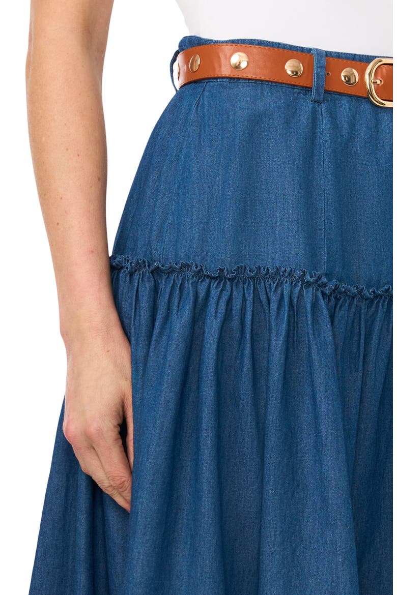 Tiered Belted Denim Midi Skirt, Alternate, color, MID INDIGO
