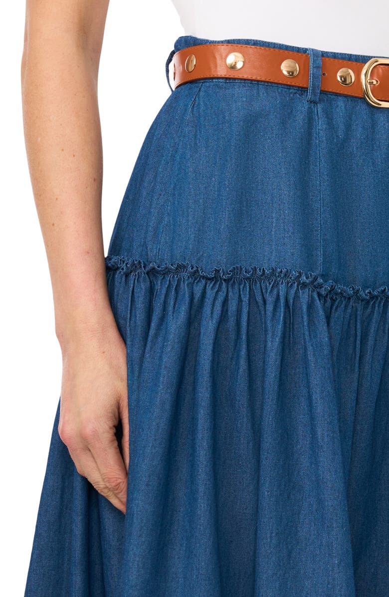 CeCe Tiered Belted Denim Midi Skirt, Alternate, color, Mid Indigo