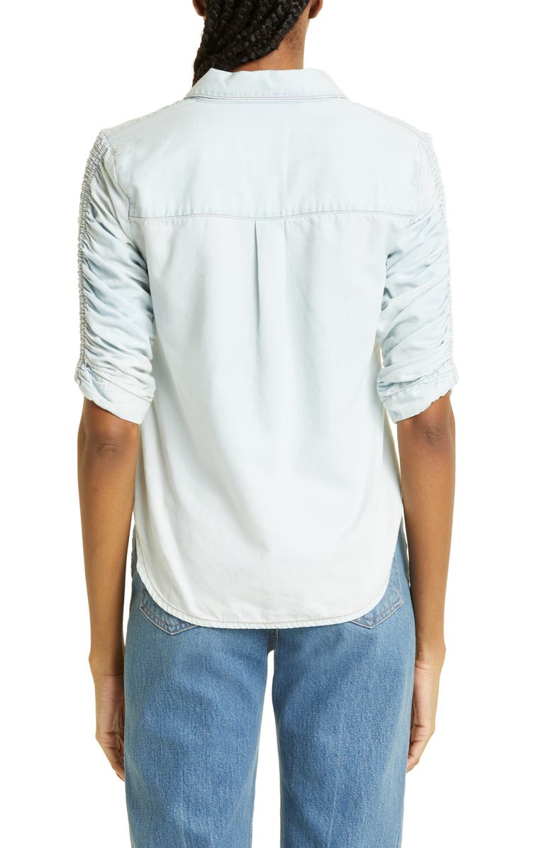 Veronica Beard Porta Shirred Sleeve Snap-Up Chambray Shirt, Alternate, color, 