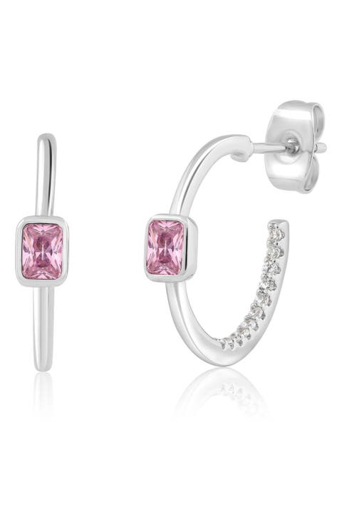 Bezel Set Birthstone Cubic Zirconia Hoop Earrings