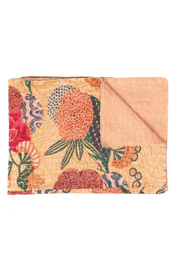 Taj Hotel Vintage Cotton Kantha Throw Blanket In Multi Peach