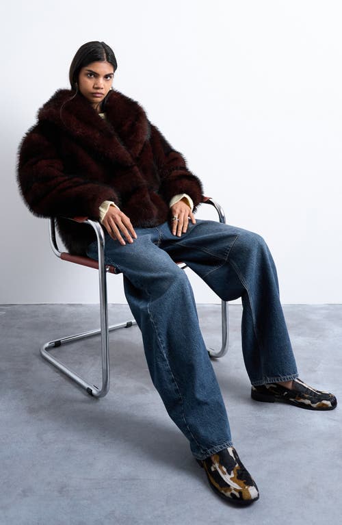 Topshop Boxy Faux Fur Coat In Burgundy