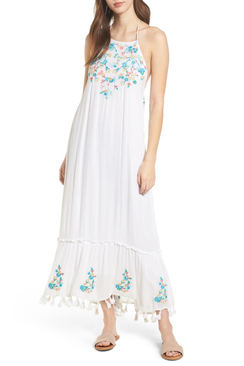 Ashlyn Embroidered Tassel Trim Maxi Dress, Main, color, EGGSHELL