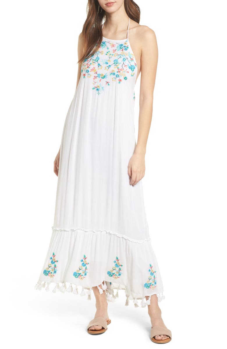 Raga Ashlyn Embroidered Tassel Trim Maxi Dress, Main, color, 