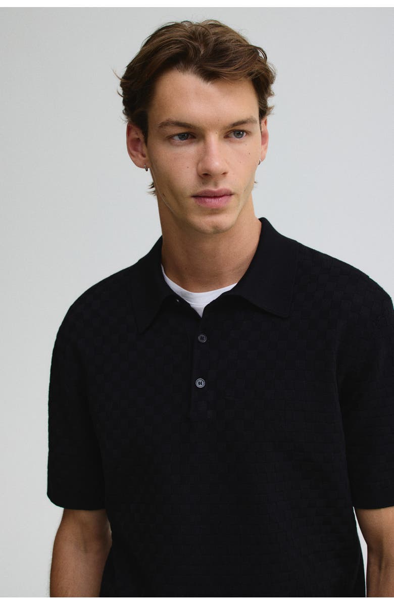 H&M Slim Fit Textured-knit Polo Shirt, Alternate, color, Black