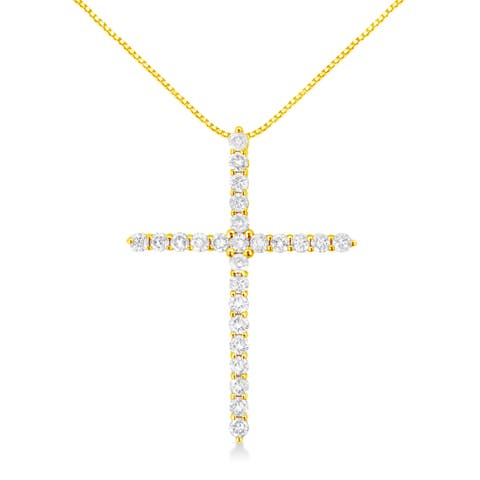 10K Yellow Gold Plated Silver 2.0 Cttw Round Cut Diamond Cross Pendant Necklace