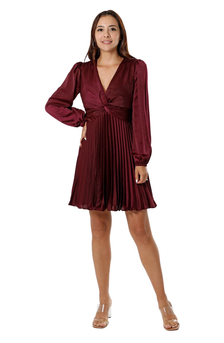 Adelyn Rae Pleated Long Sleeve Minidress, Alternate, color, Wine