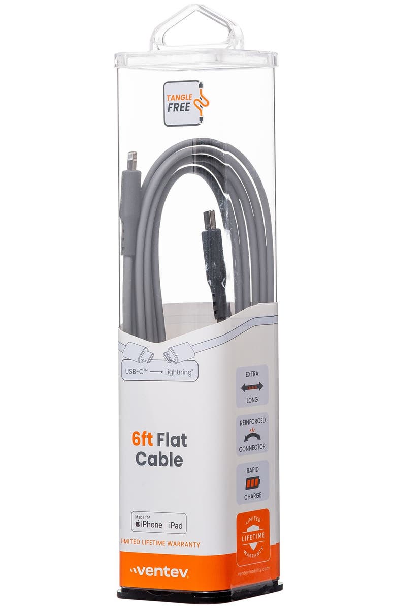 Ventev Flat USB-C to Apple Lightning High Speed Tangle-Free 6 Foot Cable, Main, color, Gray