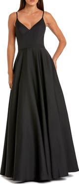 Mac Duggal Petite V-Neck Ball Gown with Belted A-Line Skirt
