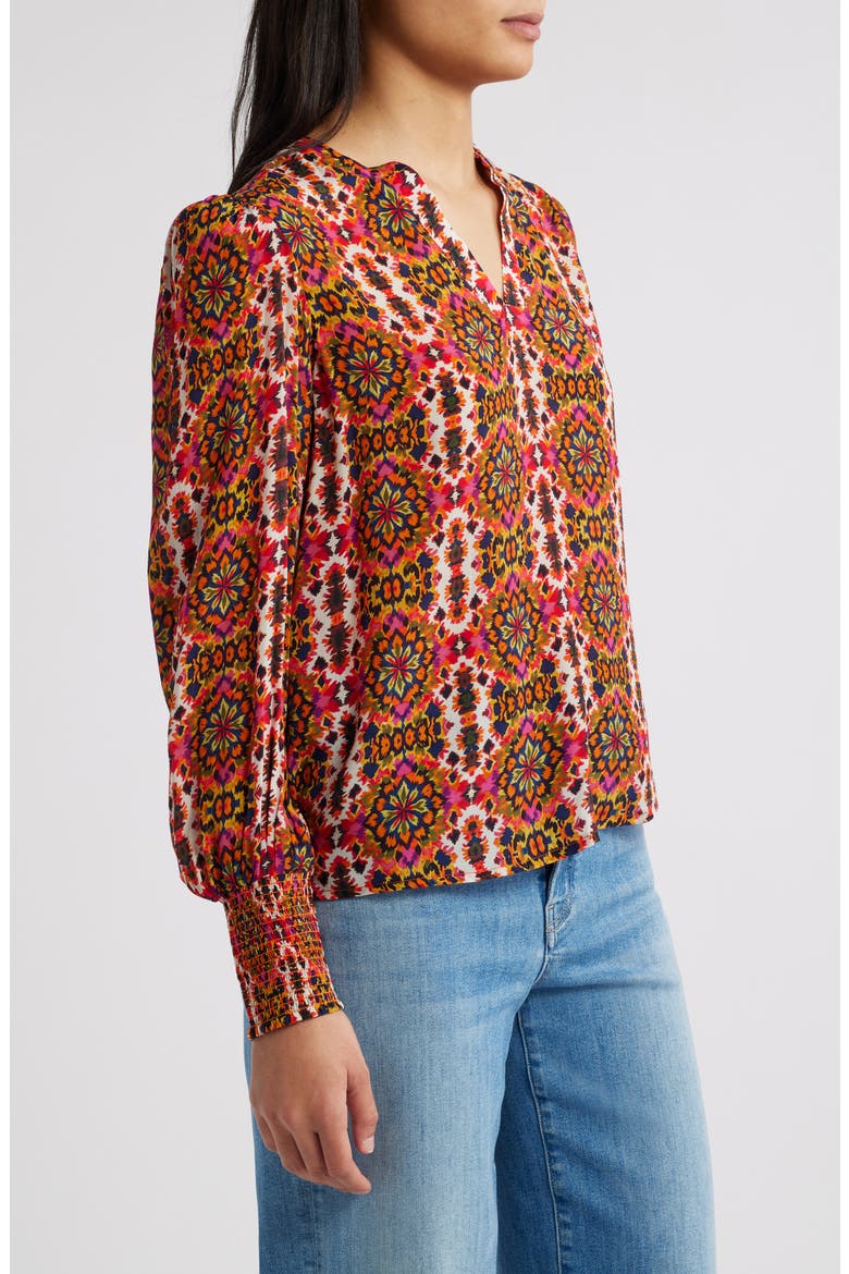 Batik Print Split Neck Top, Alternate, color, RED MULTI